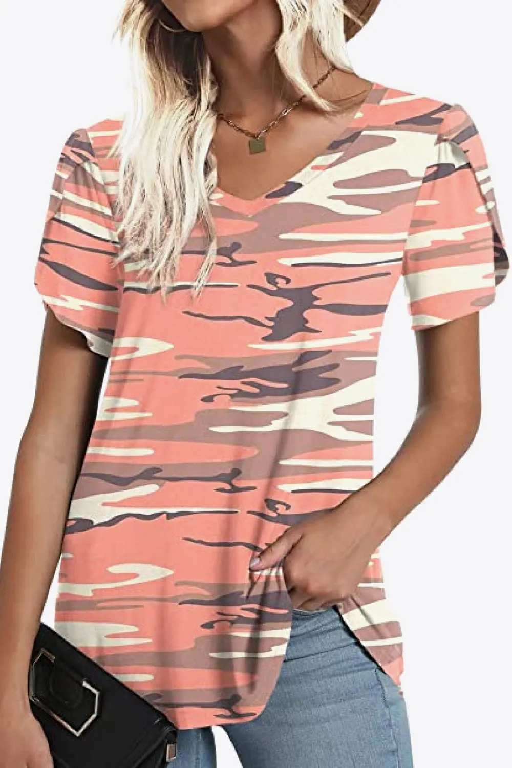 Printed Petal Sleeve V-Neck Blouse (12 Color Styles)
