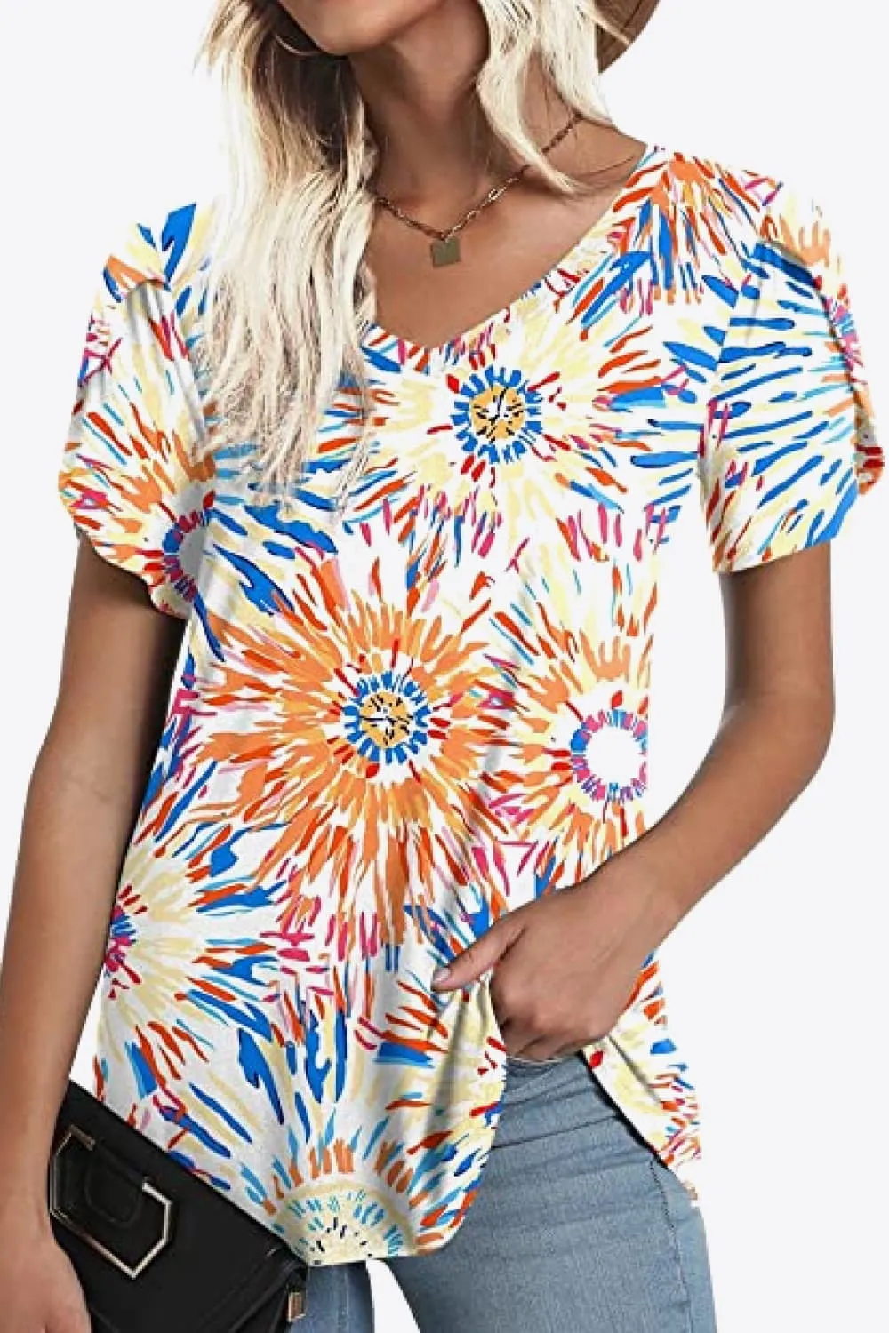 Printed Petal Sleeve V-Neck Blouse (12 Color Styles)