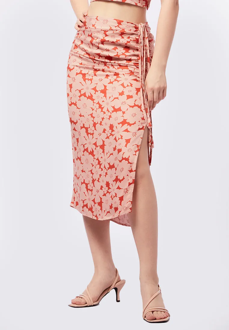 Printed Ruched Midi Skirt