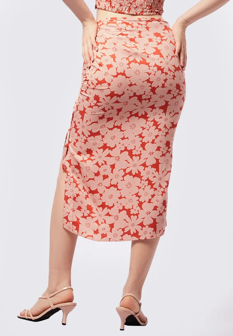 Printed Ruched Midi Skirt