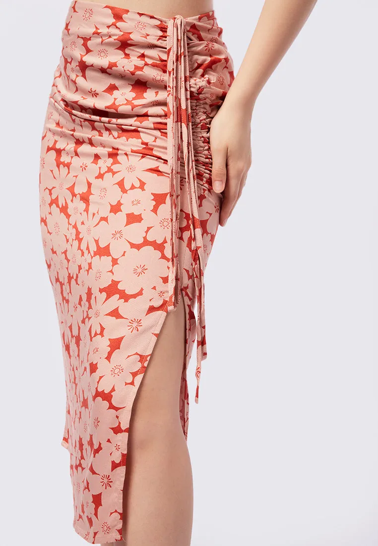 Printed Ruched Midi Skirt