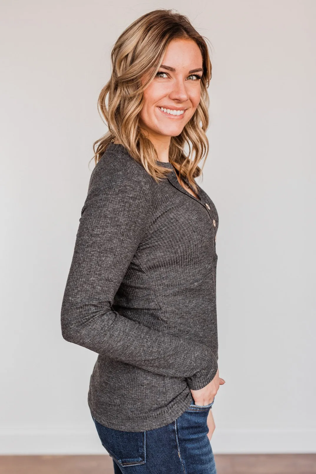 Pure Hearts Button Babydoll Top- Charcoal