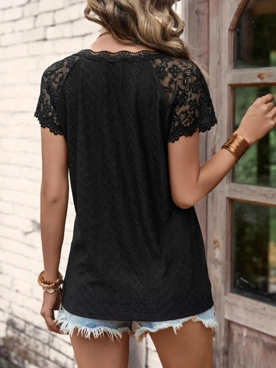 Quinn Lace Detail V-Neck Short Sleeve T-Shirt