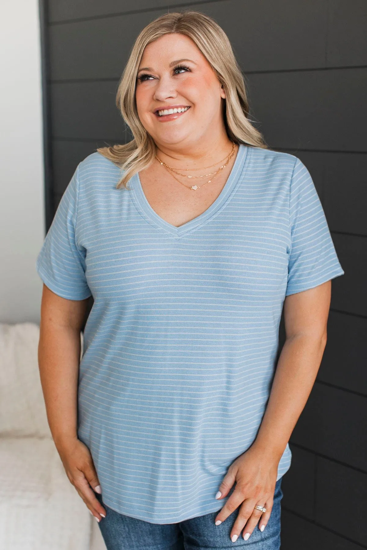 Radiate Confidence Striped V-Neck Top- Light Blue