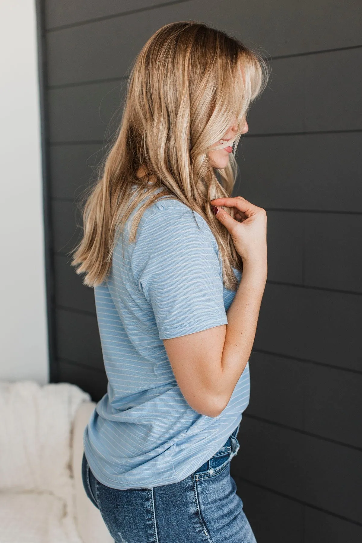 Radiate Confidence Striped V-Neck Top- Light Blue