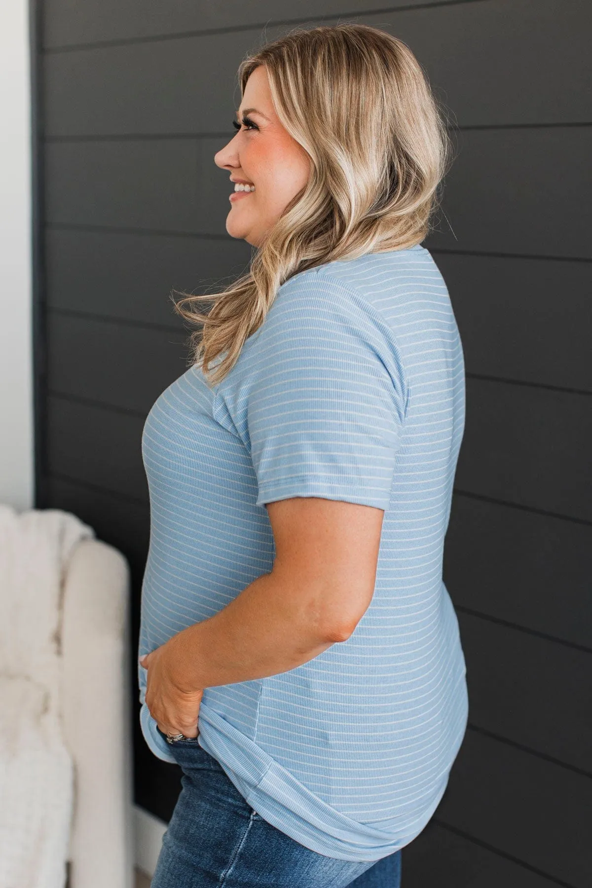 Radiate Confidence Striped V-Neck Top- Light Blue