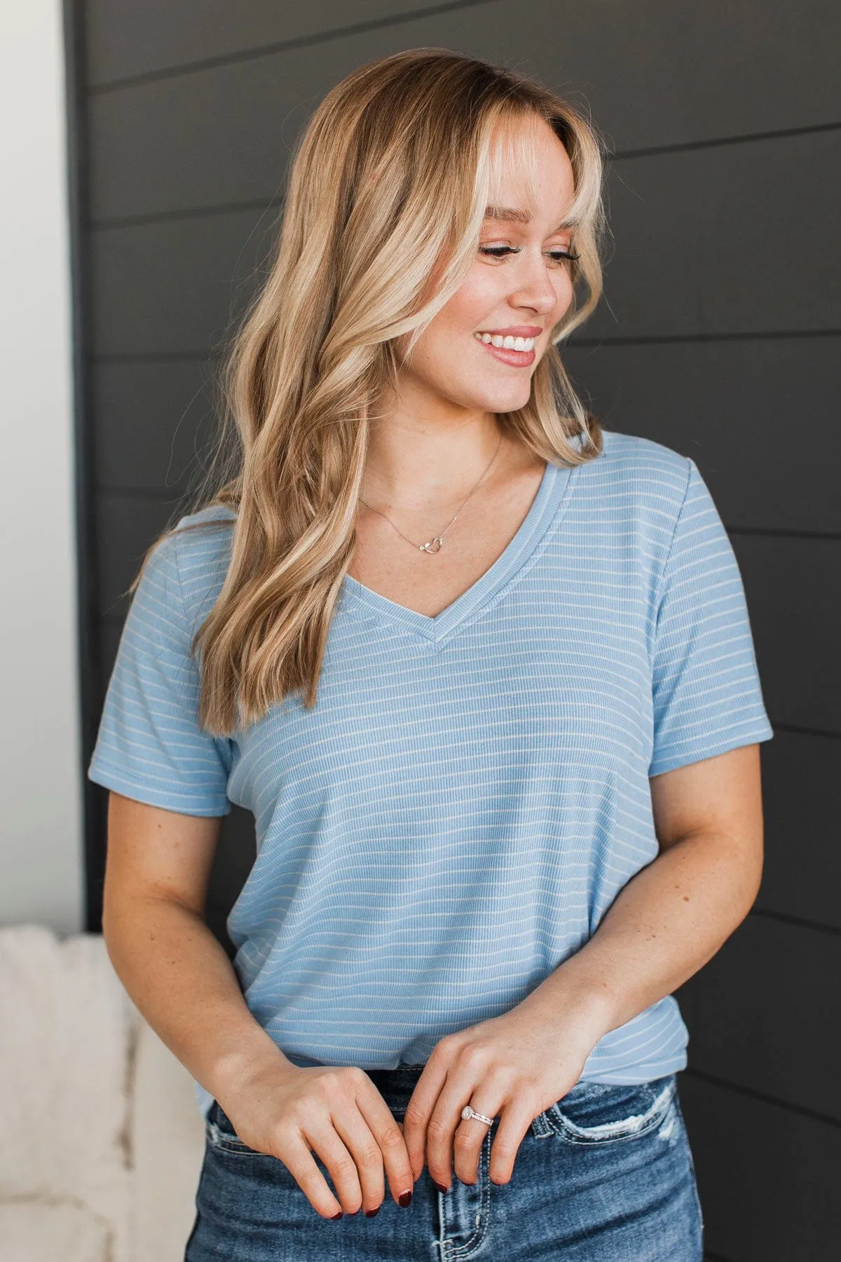 Radiate Confidence Striped V-Neck Top- Light Blue