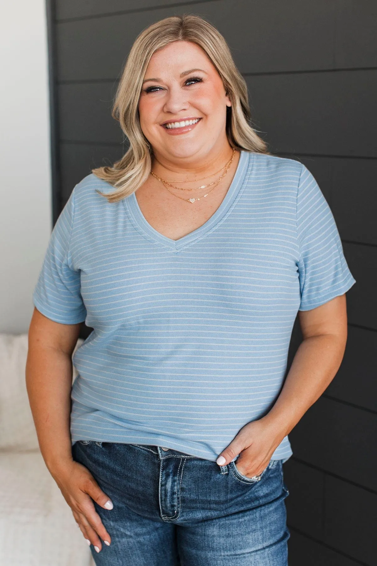 Radiate Confidence Striped V-Neck Top- Light Blue