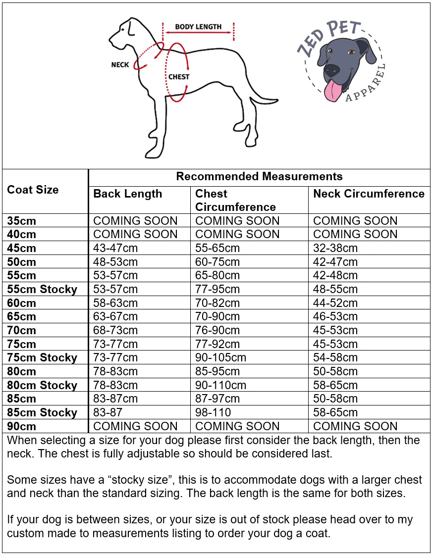 Ready Made Chest Plate Style Dog Coat - Large (60cm and 65cm)