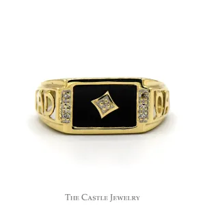 Rectangle Shaped Black Onyx "DAD" ring with Diamond Accents in 10k Yellow Gold