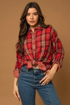 Red Plaid Washed Grid Button Front