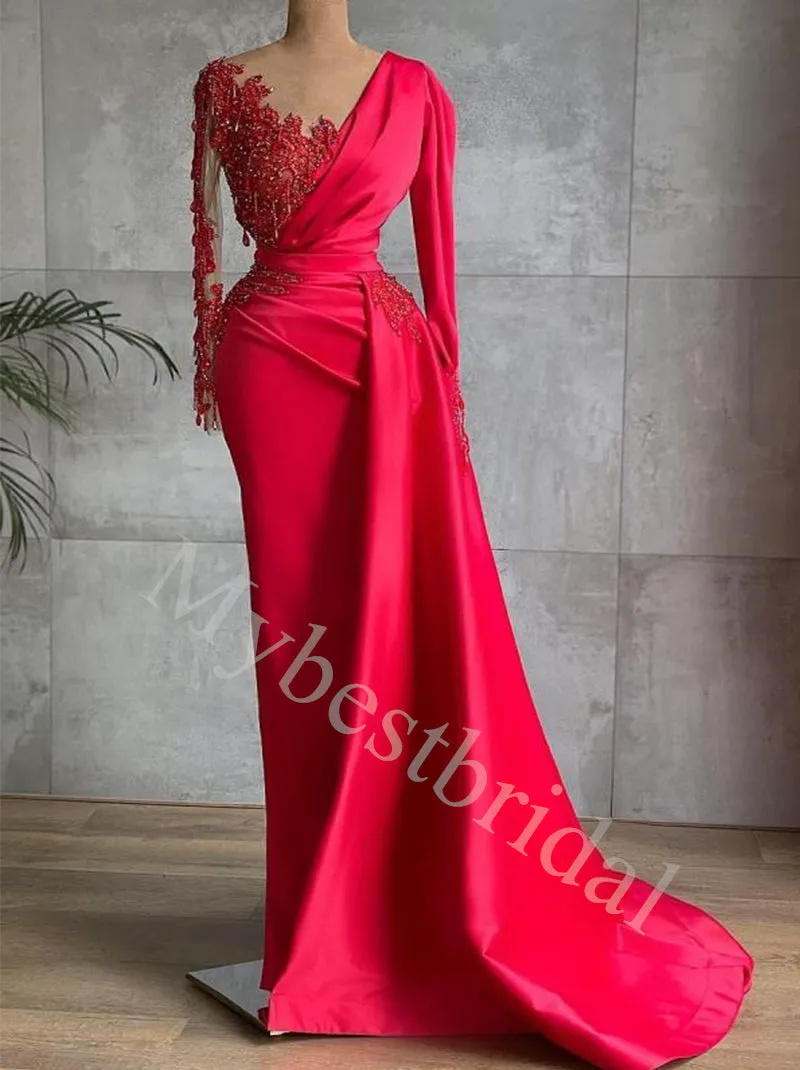 Red Sexy Deep V-neck Long sleeves Sheath Prom Dresses,PDS0598