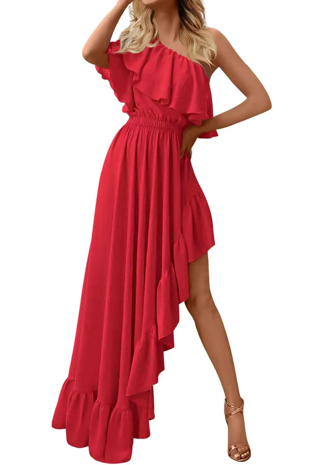 Red Single Shoulder Ruffle High Low Maxi Dress