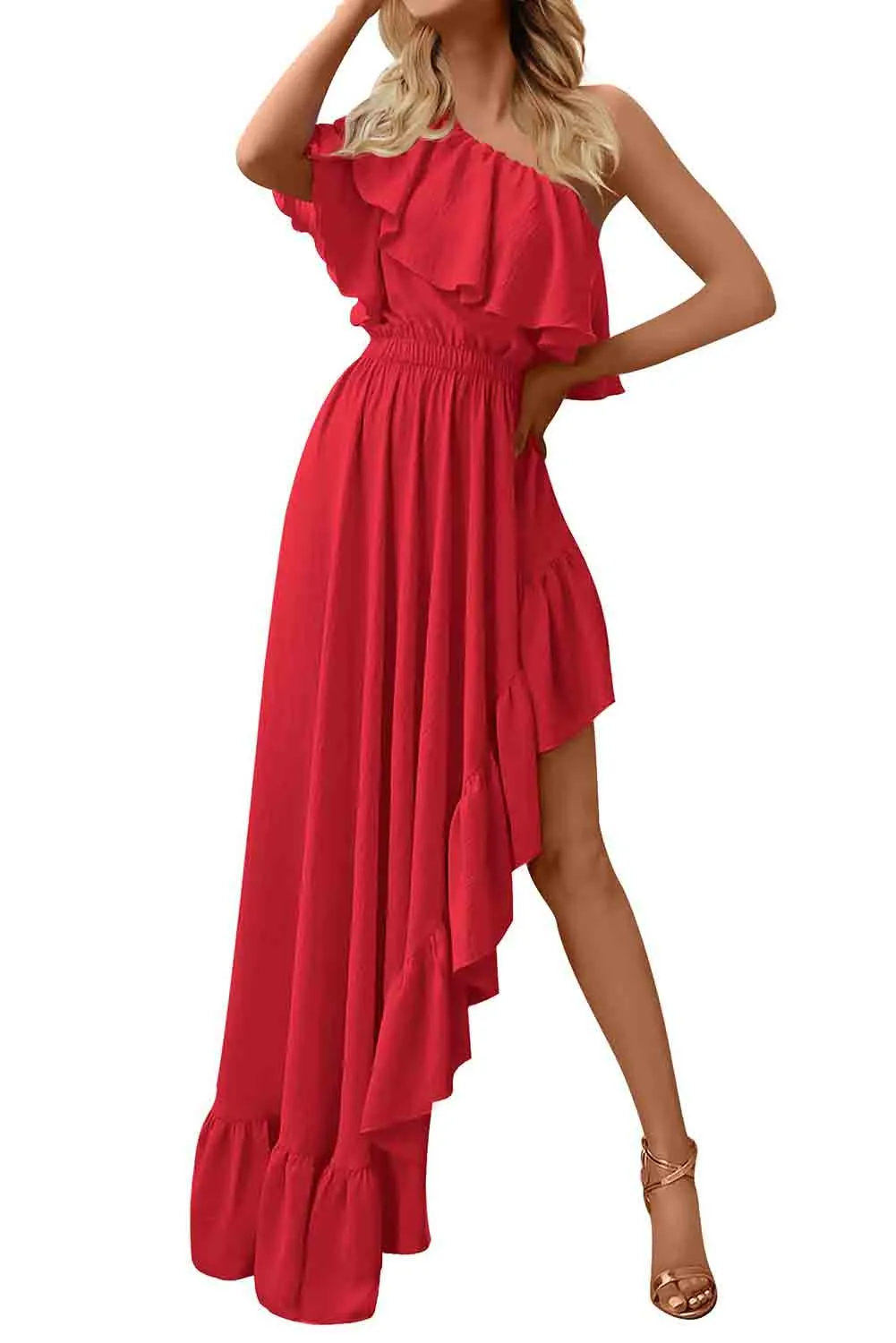 Red Single Shoulder Ruffle High Low Maxi Dress