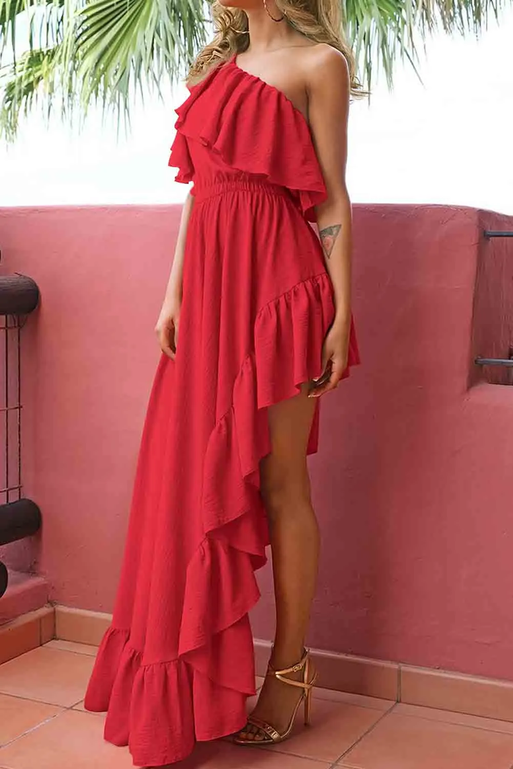 Red Single Shoulder Ruffle High Low Maxi Dress