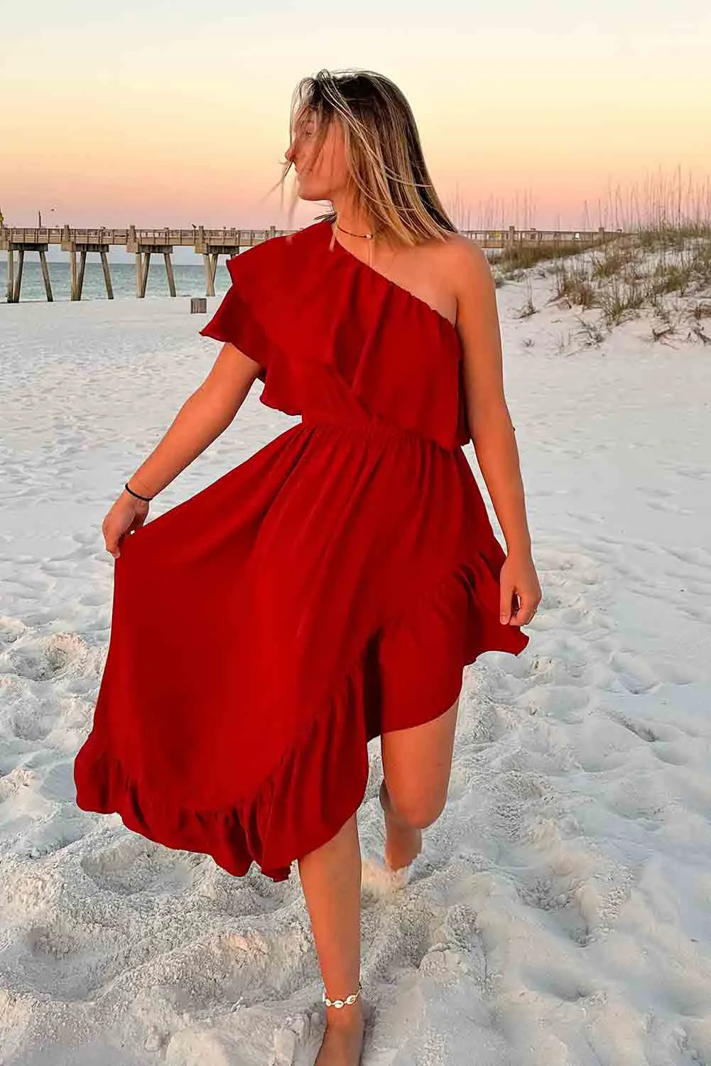 Red Single Shoulder Ruffle High Low Maxi Dress