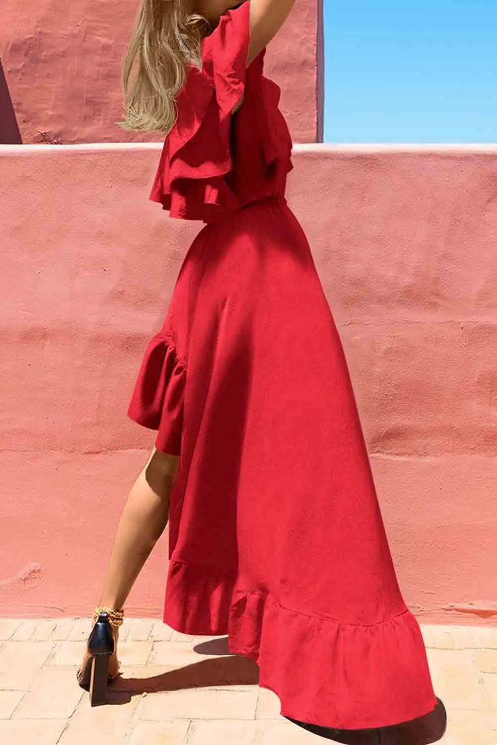 Red Single Shoulder Ruffle High Low Maxi Dress