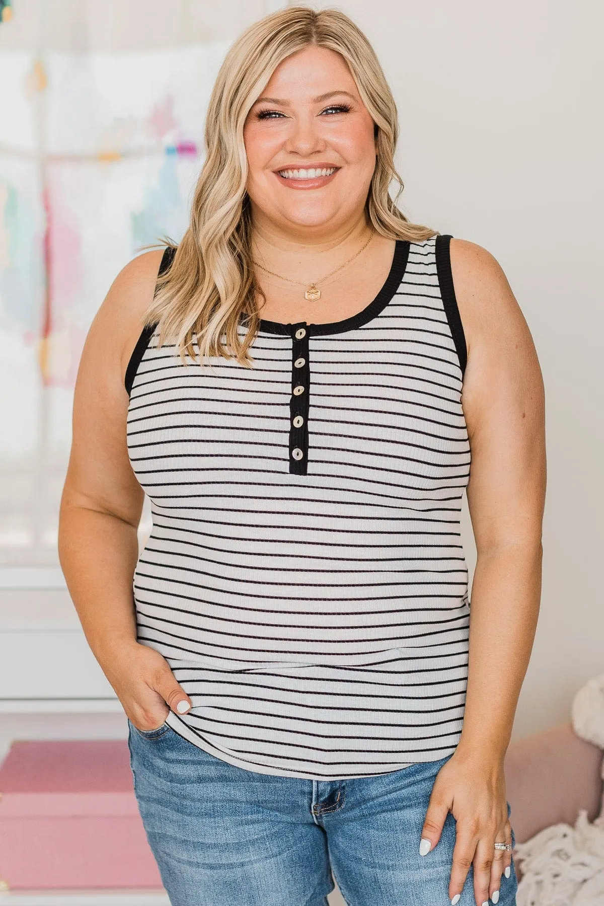 Return The Favor Striped Button Tank Top- Black & White