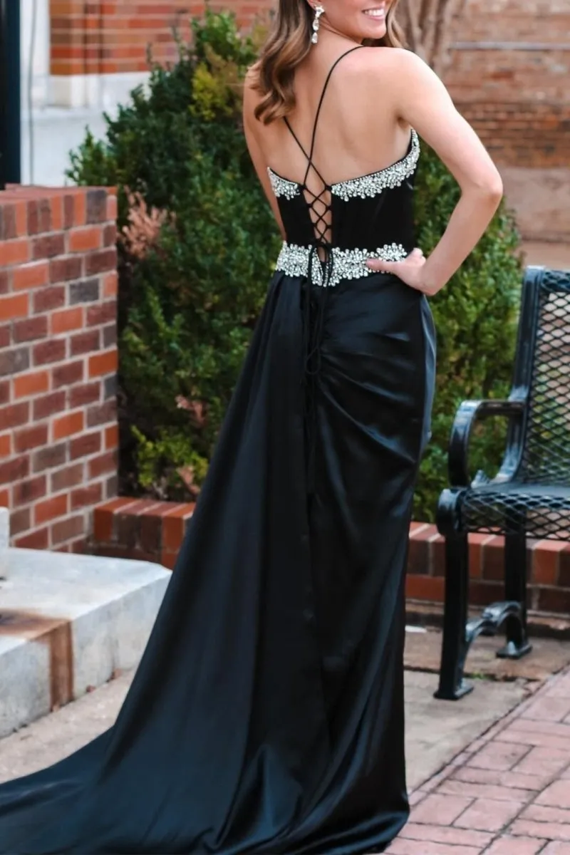 Rhinestone V-Neck Long Formal Dresses with Attached Train