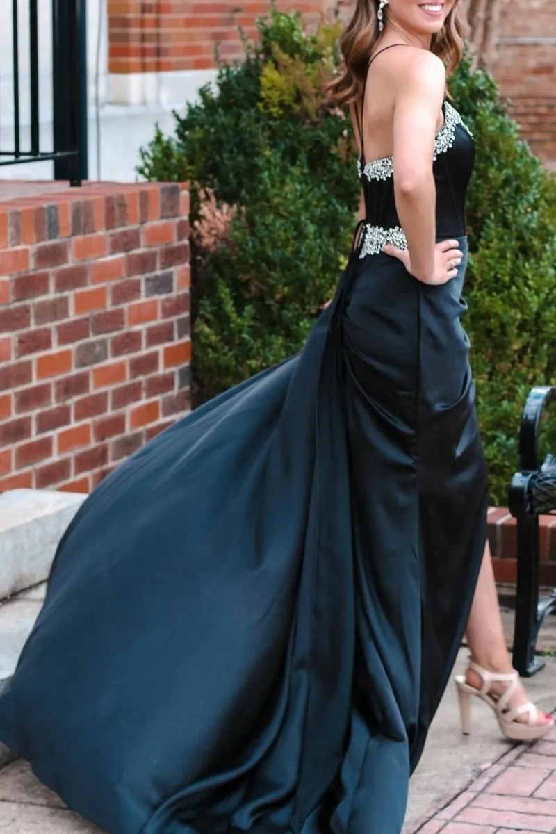 Rhinestone V-Neck Long Formal Dresses with Attached Train