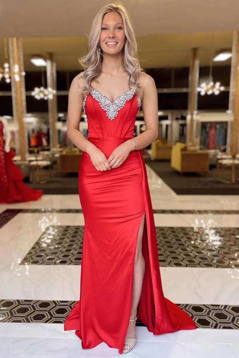 Rhinestone V-Neck Long Formal Dresses with Attached Train