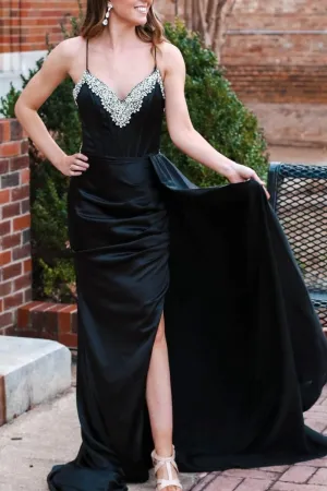 Rhinestone V-Neck Long Formal Dresses with Attached Train