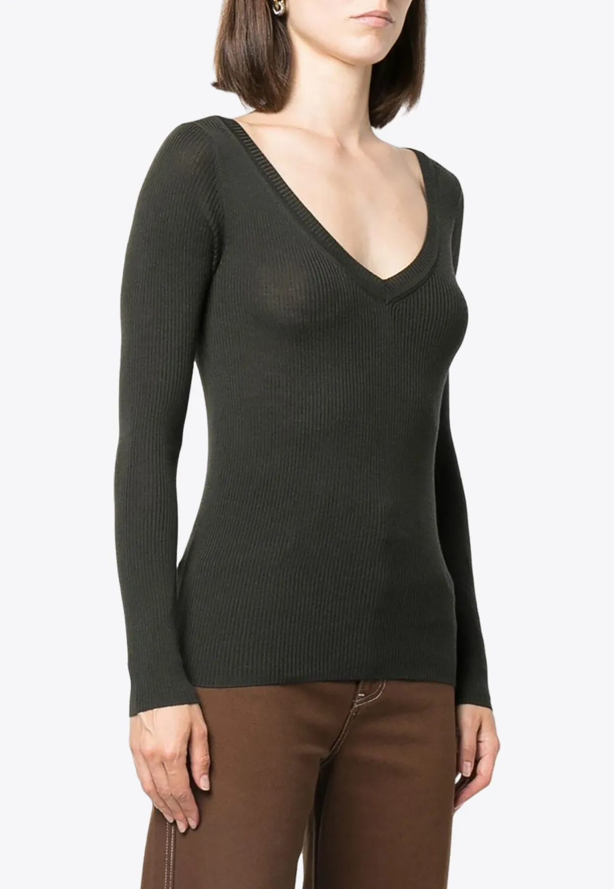 Rib Knit V-neck Wool Sweater