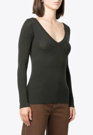 Rib Knit V-neck Wool Sweater