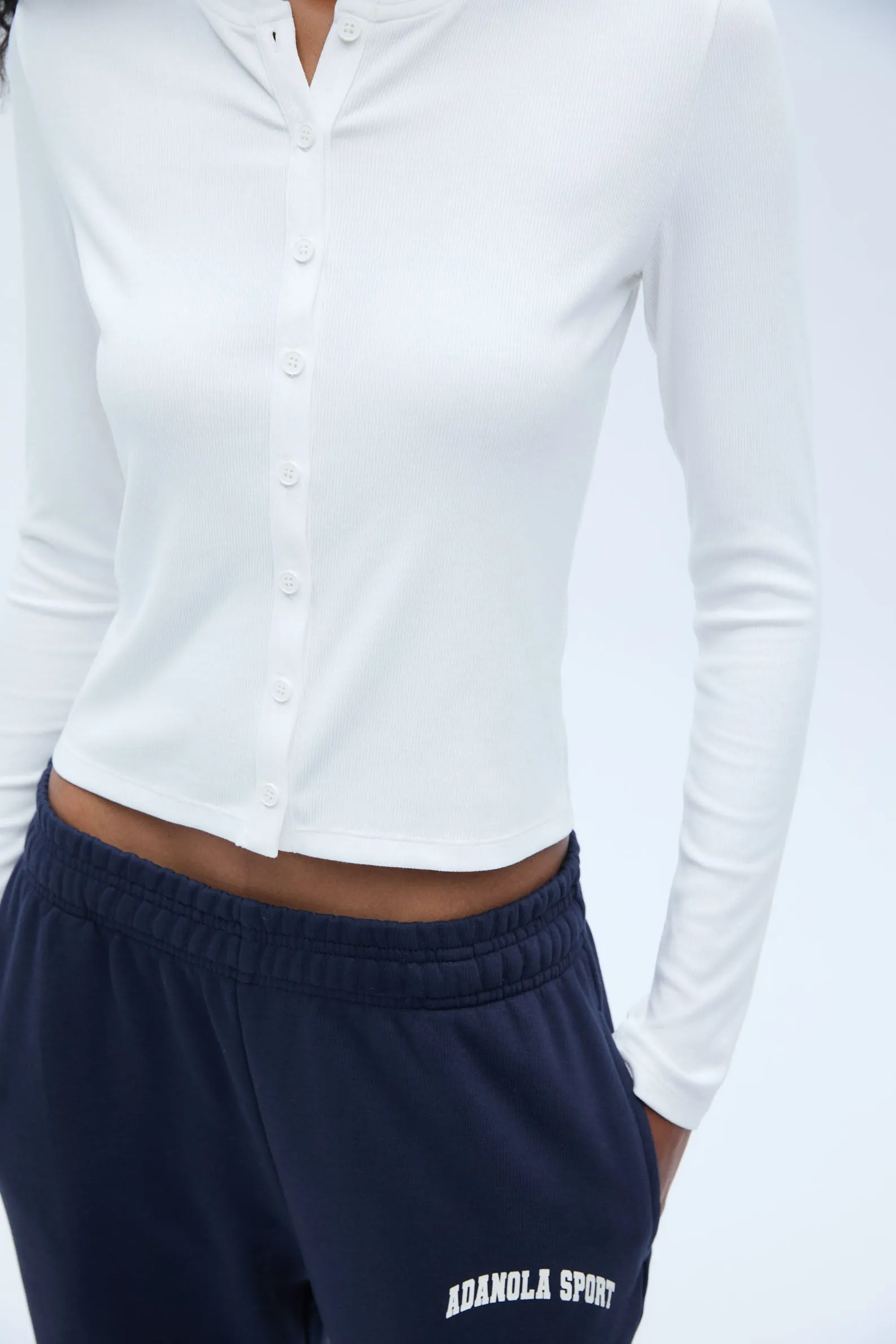 Rib Long Sleeve Button Through Top - White