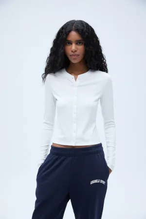 Rib Long Sleeve Button Through Top - White