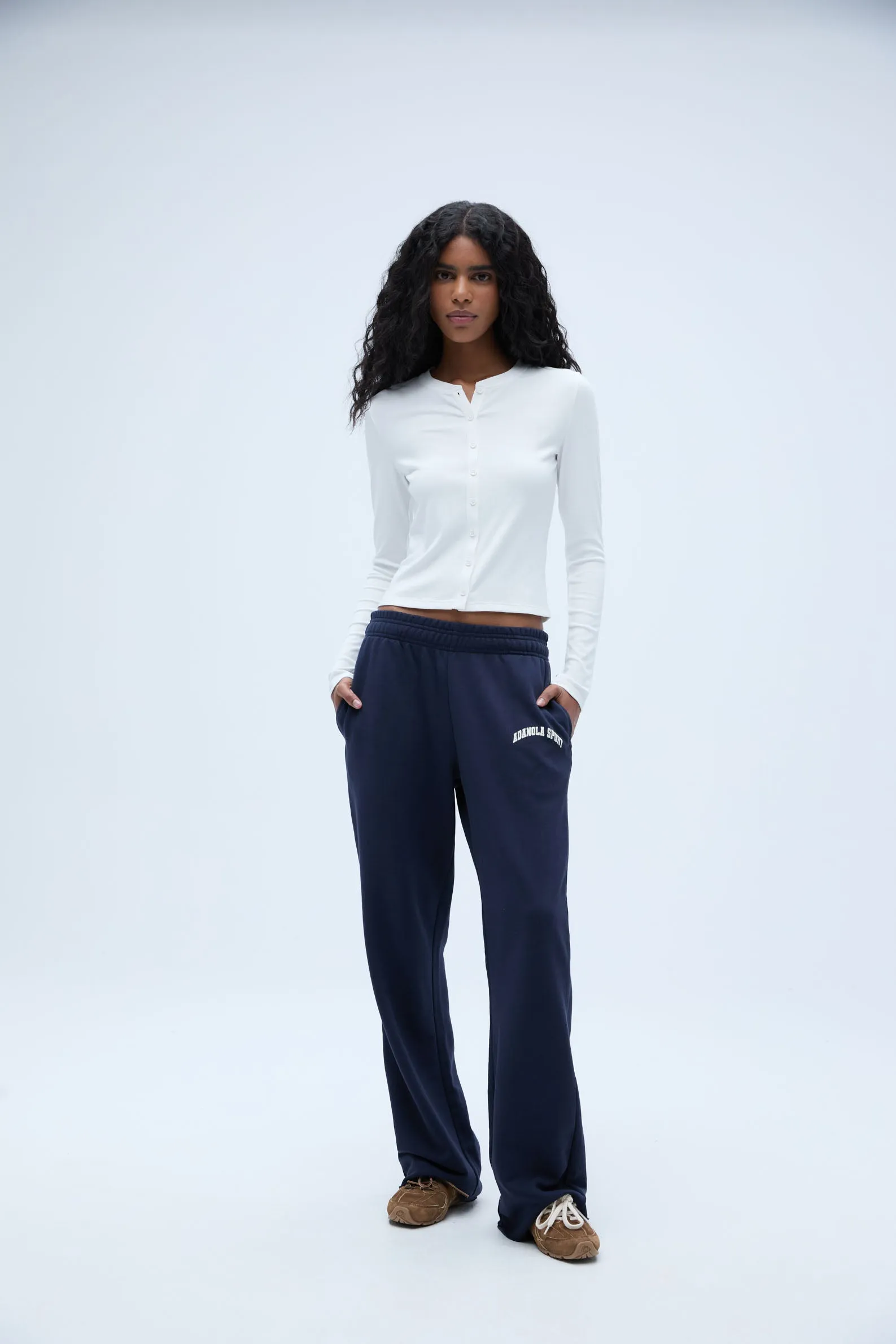 Rib Long Sleeve Button Through Top - White