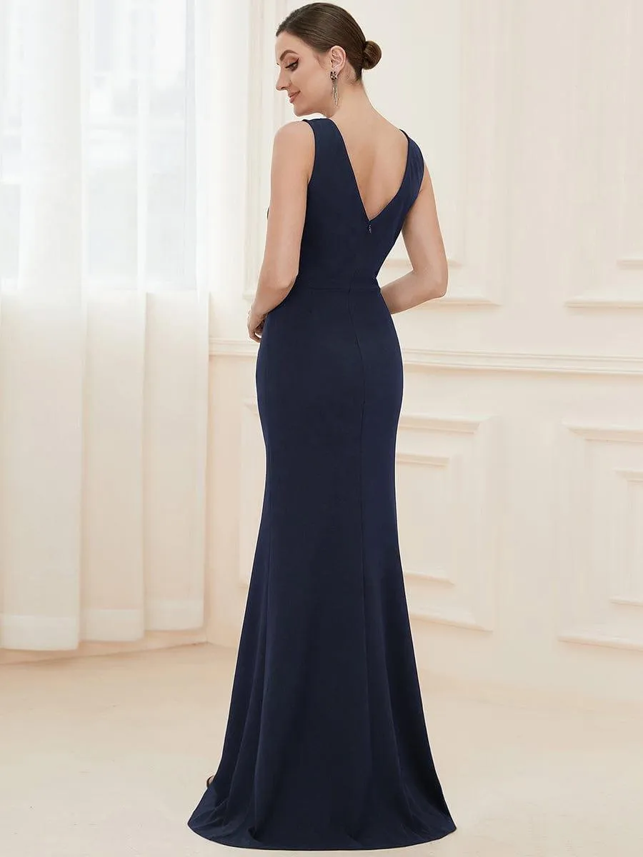 Robe Sans manches en maille à taille haute et col en V avec fente sur le devant(Vente finale)