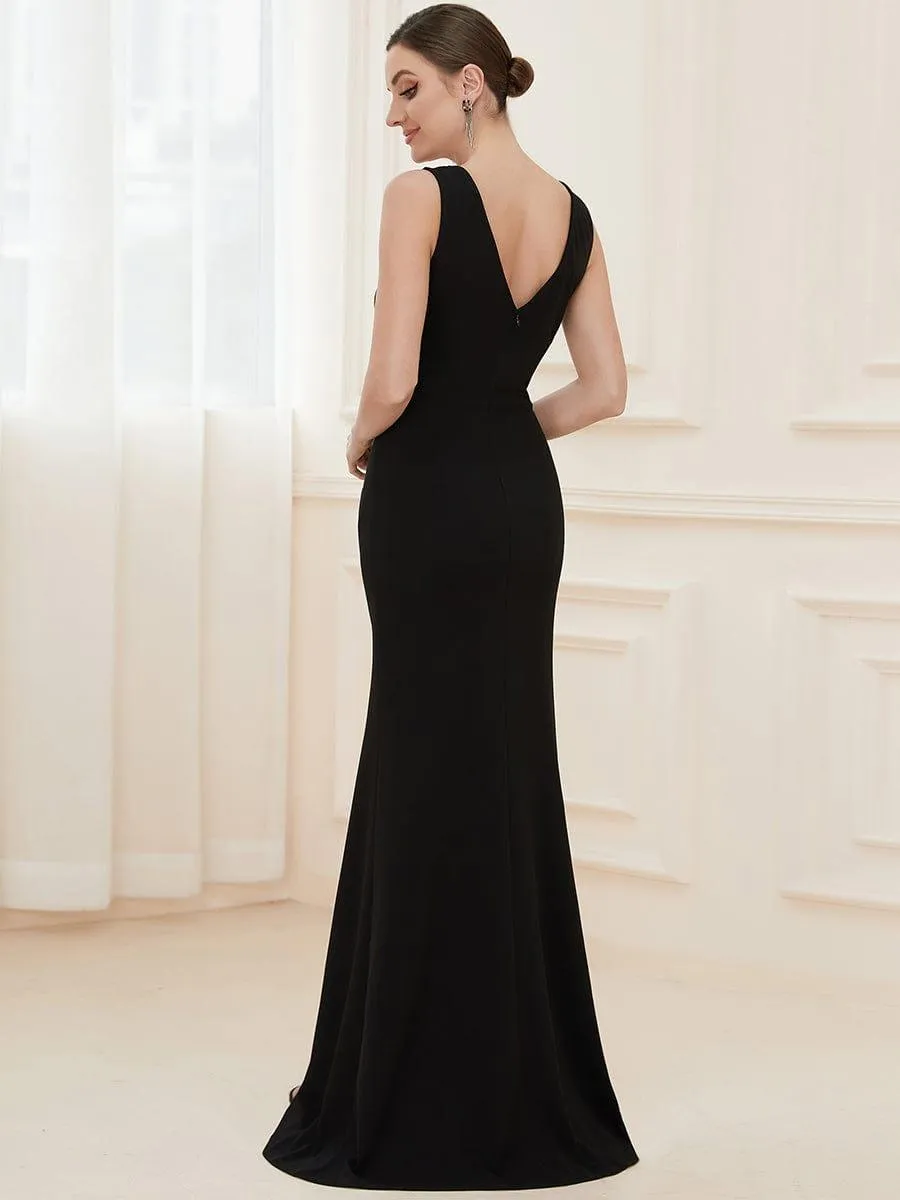 Robe Sans manches en maille à taille haute et col en V avec fente sur le devant(Vente finale)