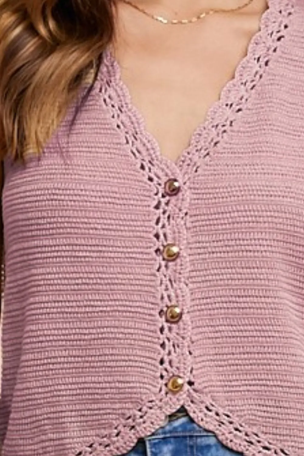 Rose Crochet Trim Button Down Sweater Vest
