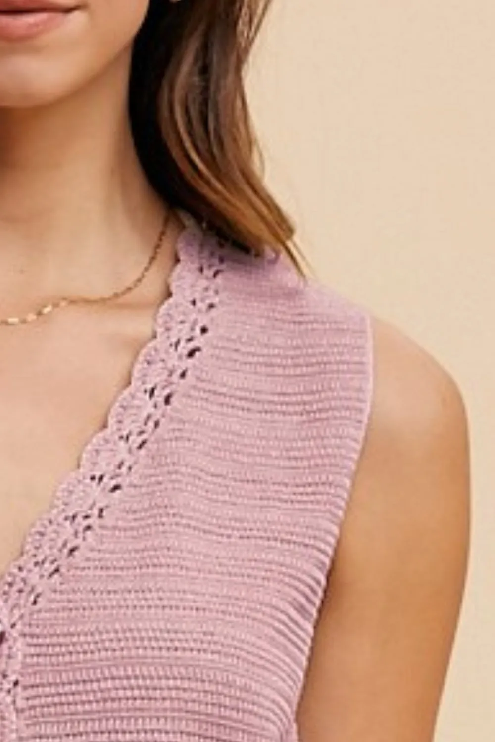 Rose Crochet Trim Button Down Sweater Vest