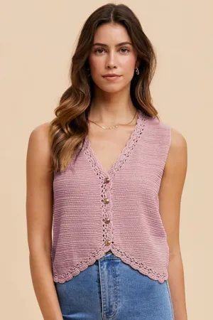 Rose Crochet Trim Button Down Sweater Vest