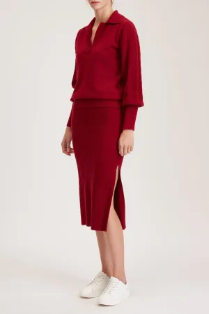 Rouen Knit Skirt - Knitted pencil skirt with side slit in red wine cashmere