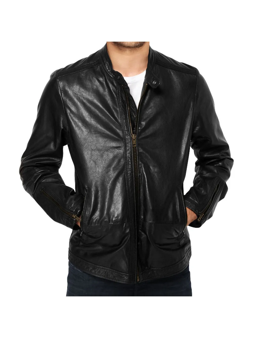 Round Collar Moto Genuine Leather Jacket for Men