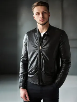 Round Collar Moto Genuine Leather Jacket for Men
