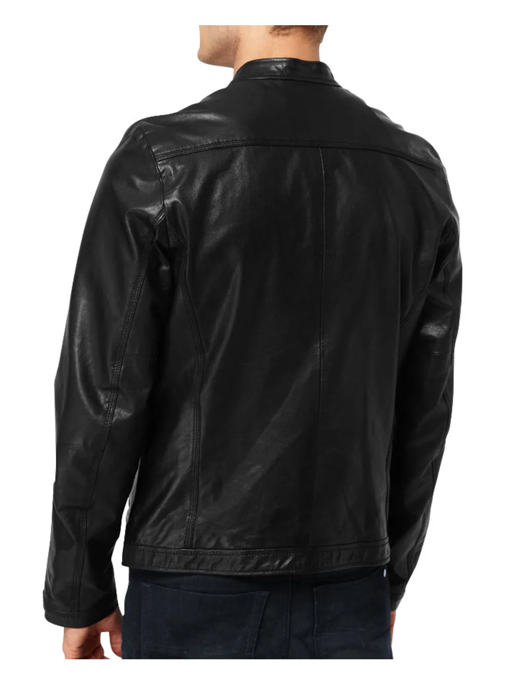 Round Collar Moto Genuine Leather Jacket for Men