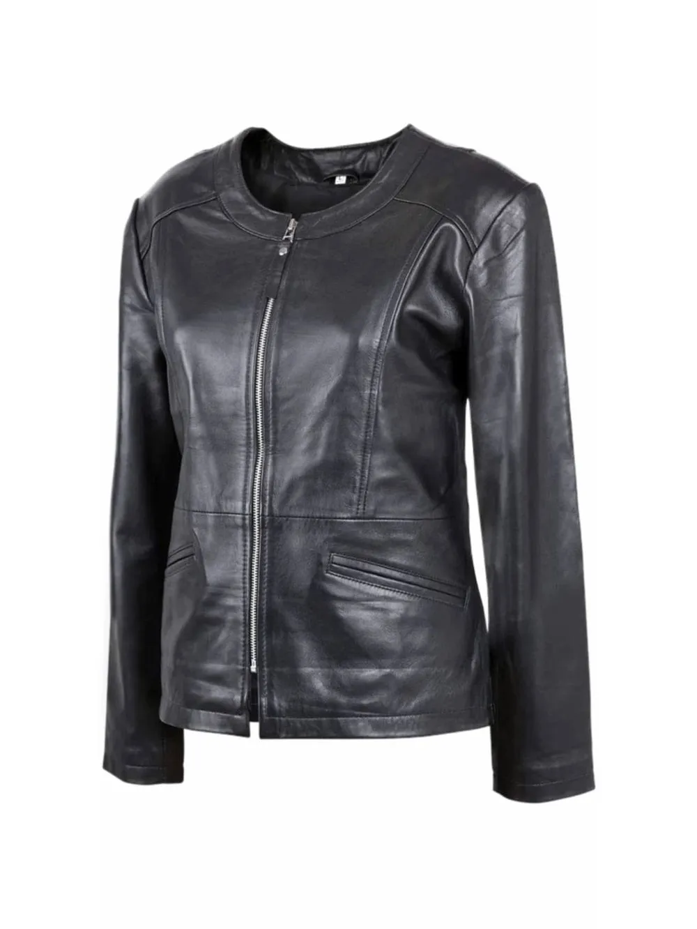 Round Neck Sleek Moto Leather Jacket
