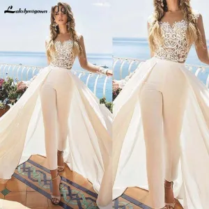 Roycebridal Jumpsuit Wedding Dresses with Detachable Train Ankle Length Jewel Neck Appliques Outfit Bridal Dress Satin Overskirt Wedding Gow