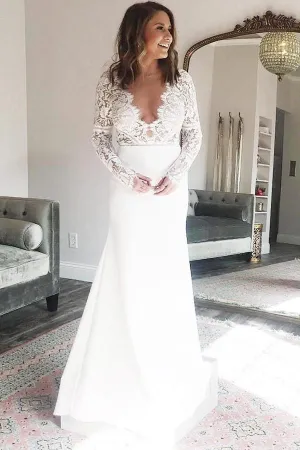 Roycebridal Satin Sheath V-neck Long Sleeves Mermaid Wedding Dress with Lace,MW485