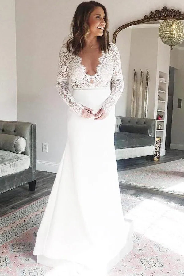 Roycebridal Satin Sheath V-neck Long Sleeves Mermaid Wedding Dress with Lace,MW485