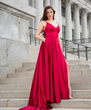 Roycebridal Sexy V neck Split Backless Red Bridesmaid Dresses with pockets Dress
