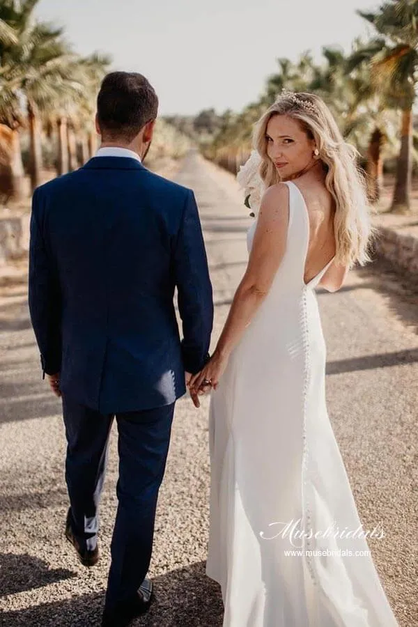 Roycebridal Simple Satin Sheath V-neck Wedding Dresses With Buttons, Bridal Gown, MW930