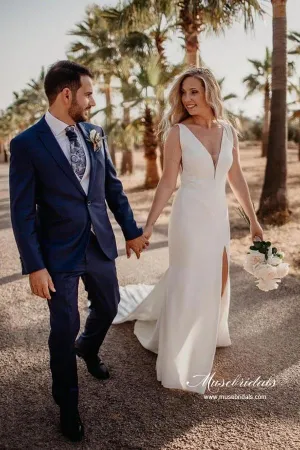 Roycebridal Simple Satin Sheath V-neck Wedding Dresses With Buttons, Bridal Gown, MW930