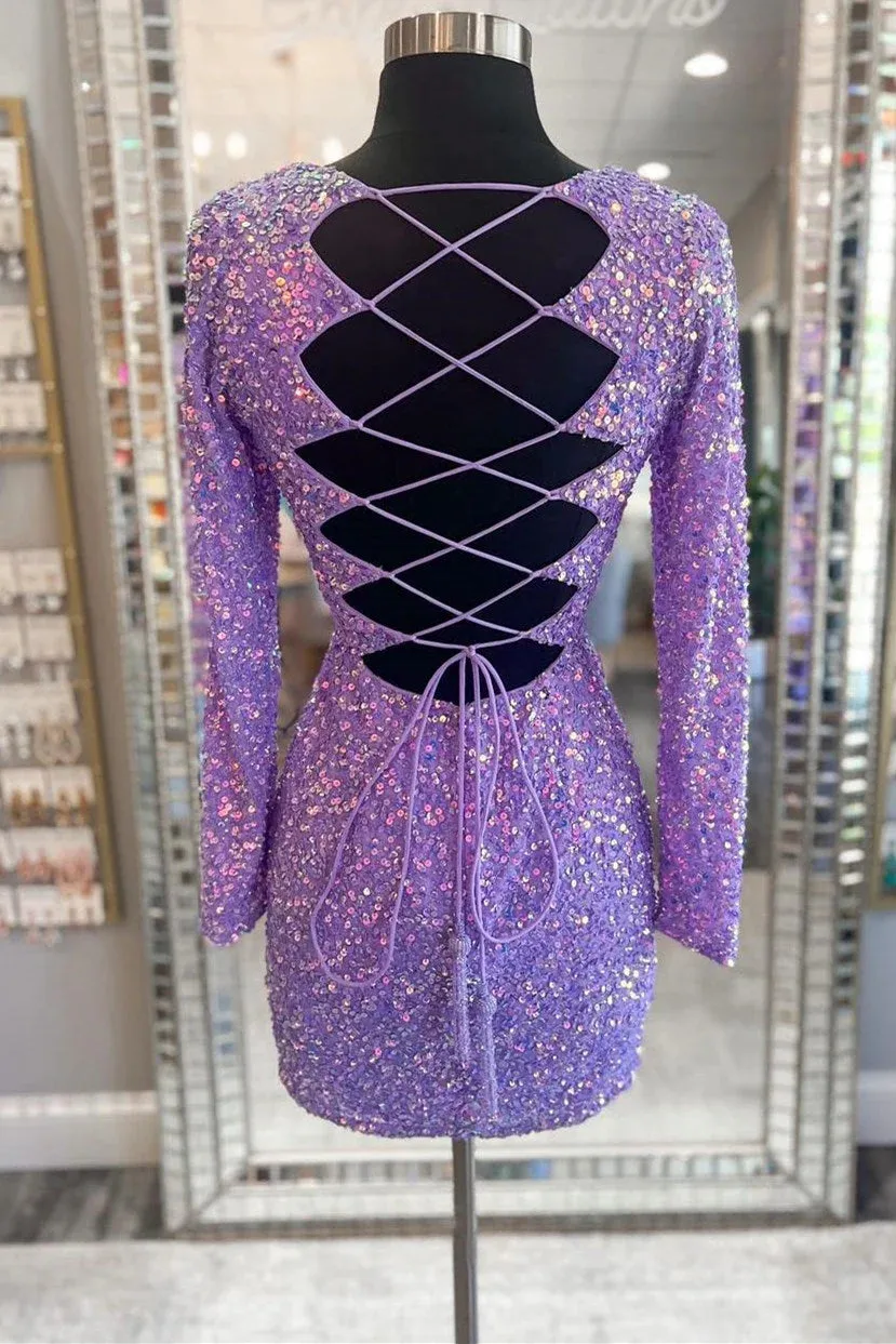 Sabine | Purple Sequin Lace-Up Short Party Dress with Long Sleeves