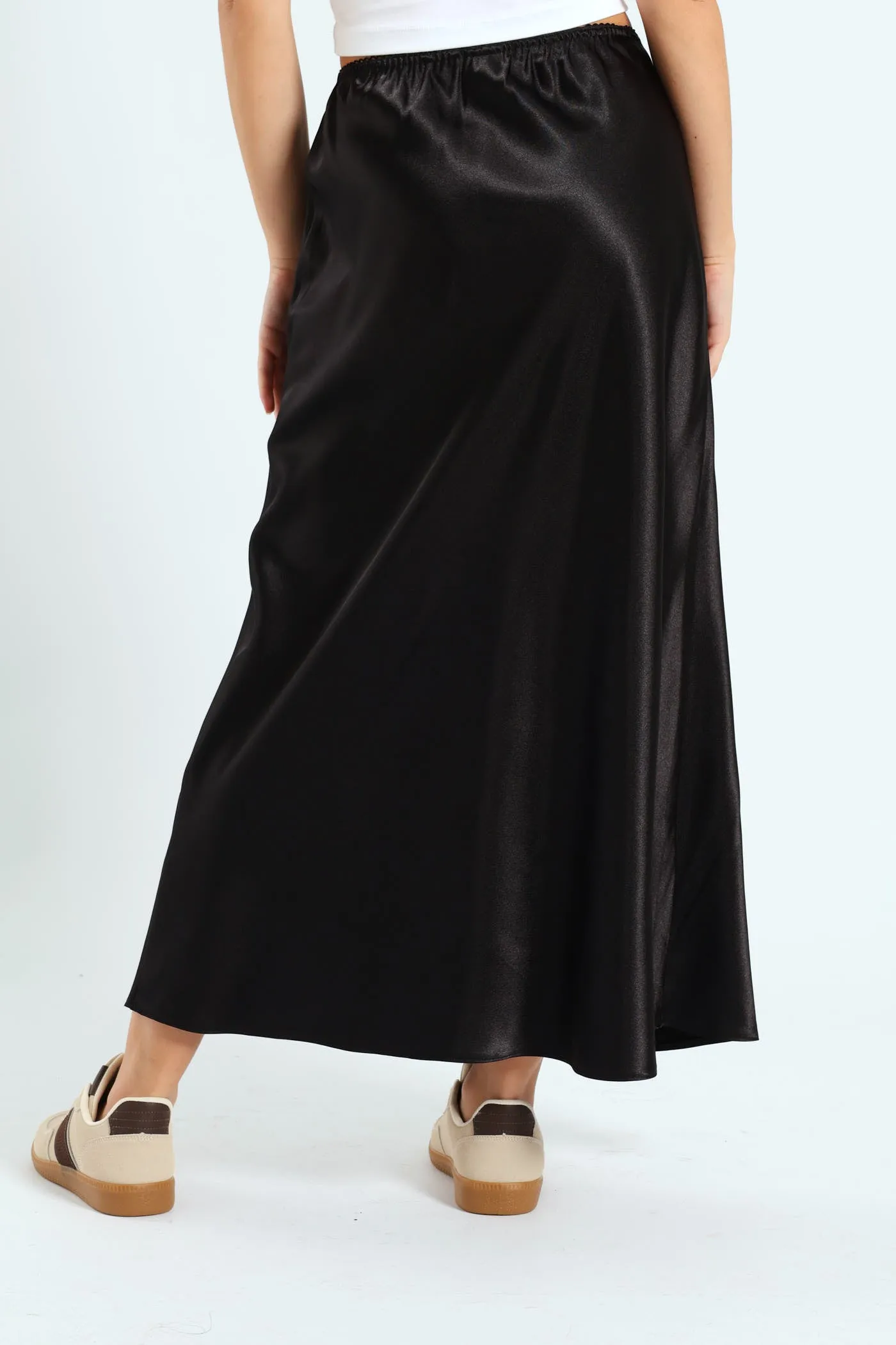 Satin Midi Skirt - Black