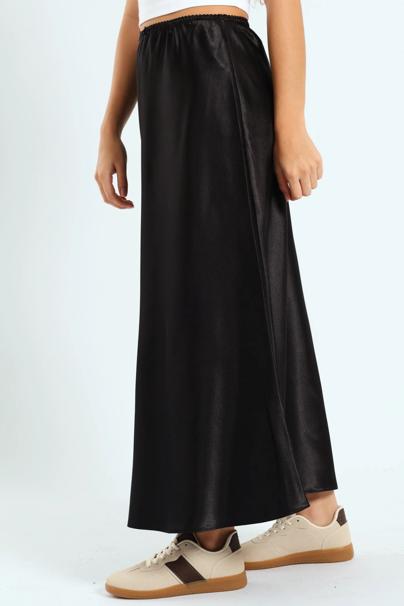 Satin Midi Skirt - Black